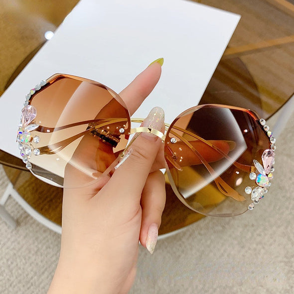 Luxury Designer Fashion Rimless  Women Vintage Brand Shades Bling Rhinestone Big Diamond Sun Glasses