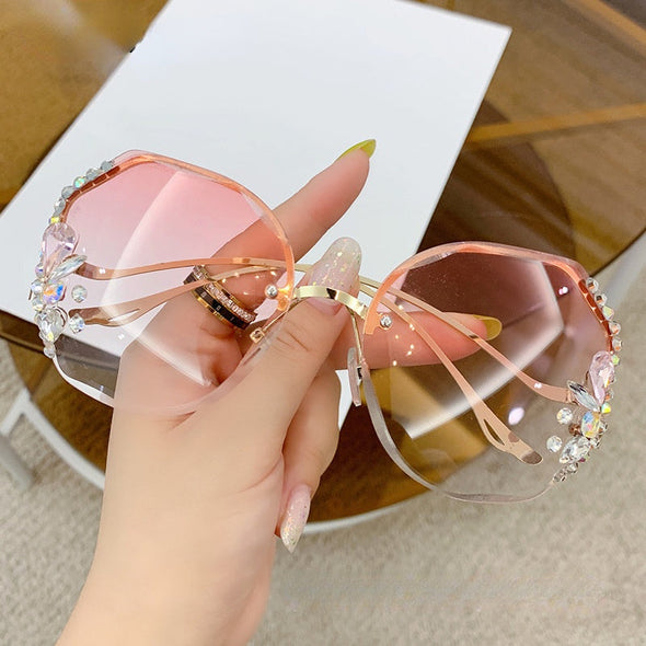 Luxury Designer Fashion Rimless  Women Vintage Brand Shades Bling Rhinestone Big Diamond Sun Glasses