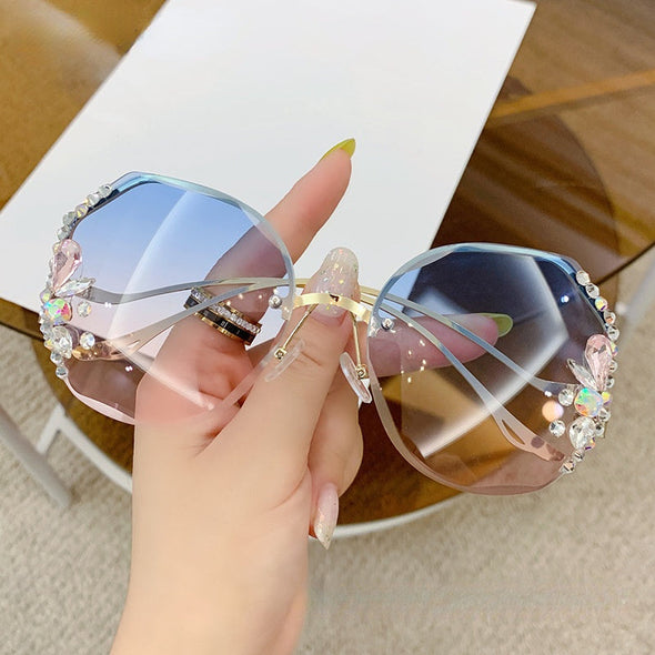 Luxury Designer Fashion Rimless  Women Vintage Brand Shades Bling Rhinestone Big Diamond Sun Glasses
