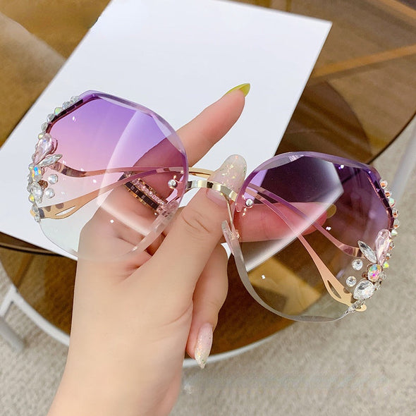 Luxury Designer Fashion Rimless  Women Vintage Brand Shades Bling Rhinestone Big Diamond Sun Glasses