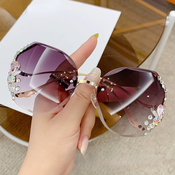 Luxury Designer Fashion Rimless  Women Vintage Brand Shades Bling Rhinestone Big Diamond Sun Glasses