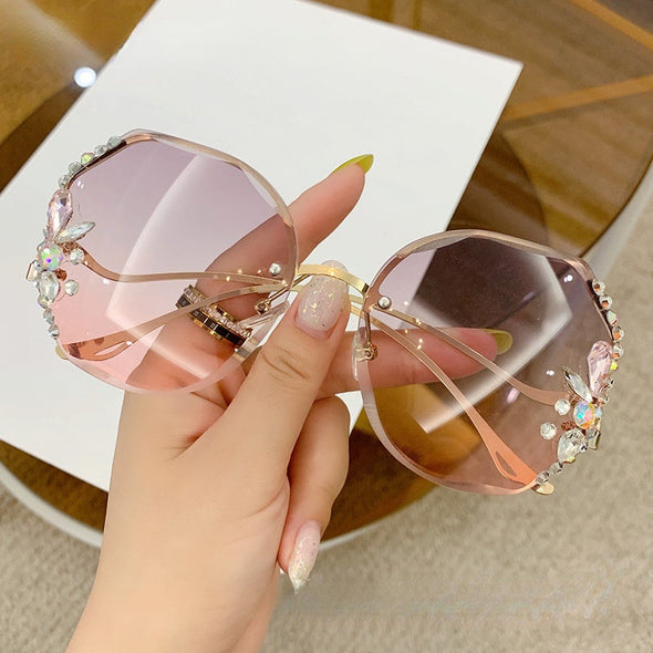 Luxury Designer Fashion Rimless  Women Vintage Brand Shades Bling Rhinestone Big Diamond Sun Glasses