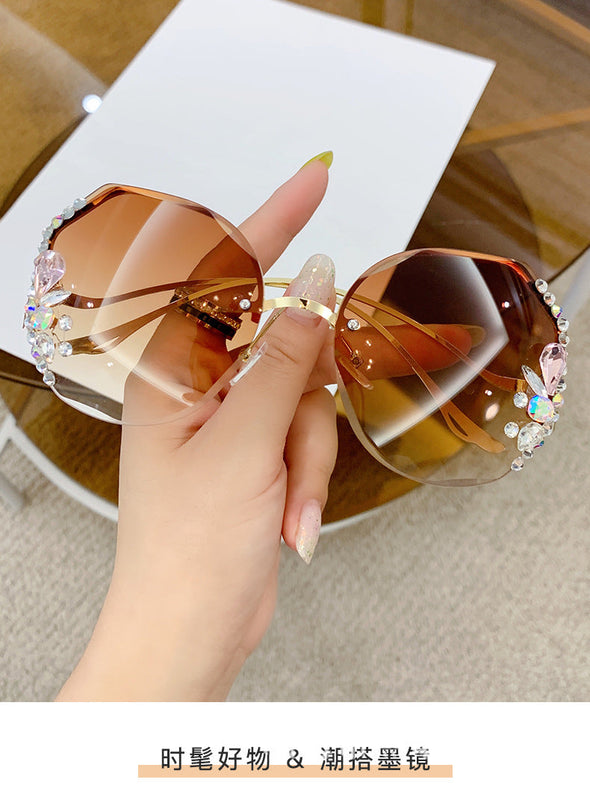 Luxury Designer Fashion Rimless  Women Vintage Brand Shades Bling Rhinestone Big Diamond Sun Glasses