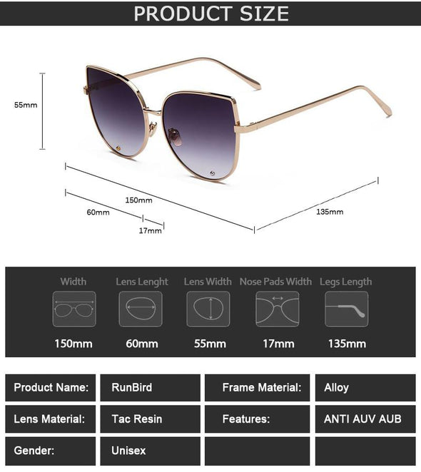 Cat Eye Sunglasses Women Vintage Fashion Metal Frame Clear Lens Sun Glasses Unique Flat Ladies Eyewear UV400 R058