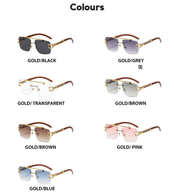 Punk Wood Printing Rimless Square Sunglasses Women Luxury Brand Designer Gold Lion Decoration Smoke Sun Glasses Men