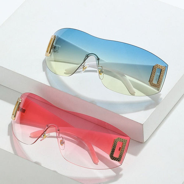 Punk Wrap Around Y2K Sunglasses for Women Sport Sunglasses Jeweled Sun Glasses Retro Frameless Eyewear Trendy 2000's Shade UV400